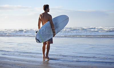 Buy stock photo Fitness, surfing and back of man at a beach with surfboard for freedom, travel or sports outdoor. Ocean, training and male surfer at the sea for swimming, wellness or adventure, workout or holiday