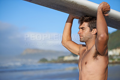 Buy stock photo Summer, surfing and man with surfboard at beach for waves on vacation, weekend and holiday by sea. Travel, nature and person thinking by ocean for water sports, adventure and hobby in Australia