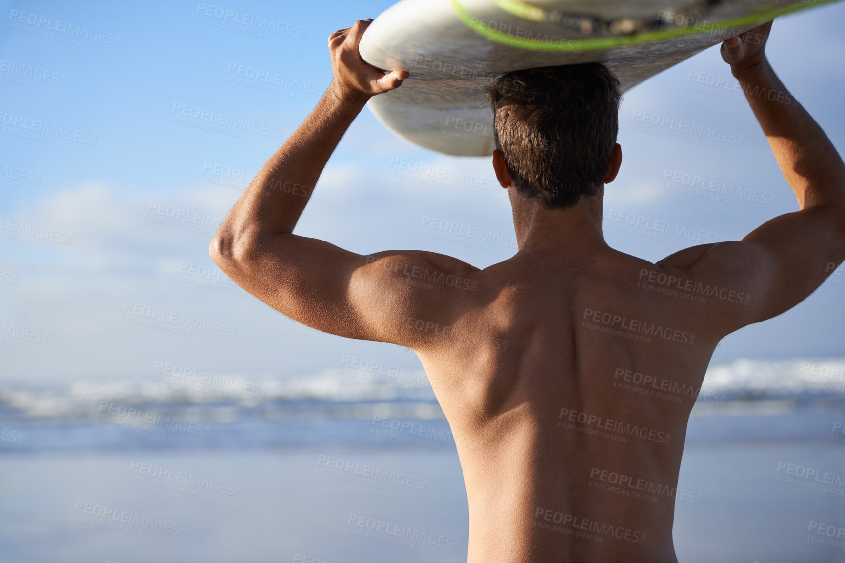 Buy stock photo Beach, surfing and back of man with surfboard for waves on summer vacation, weekend and holiday by sea. Travel, nature and person by ocean for water sports, adventure and fun hobby in Australia