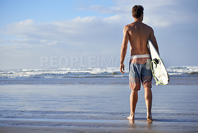 Buy stock photo Surfing, fitness and back of man at a beach with surfboard for freedom, travel or sports outdoor. Ocean, training and male surfer at the sea for swimming, wellness or adventure, workout or holiday
