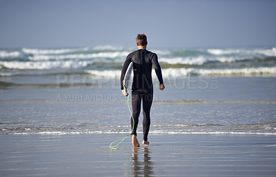 Buy stock photo Ocean, surfing and man with surfboard at beach for waves on summer vacation, weekend and holiday by sea. Travel, nature and back of person running for water sports, adventure and hobby in Australia