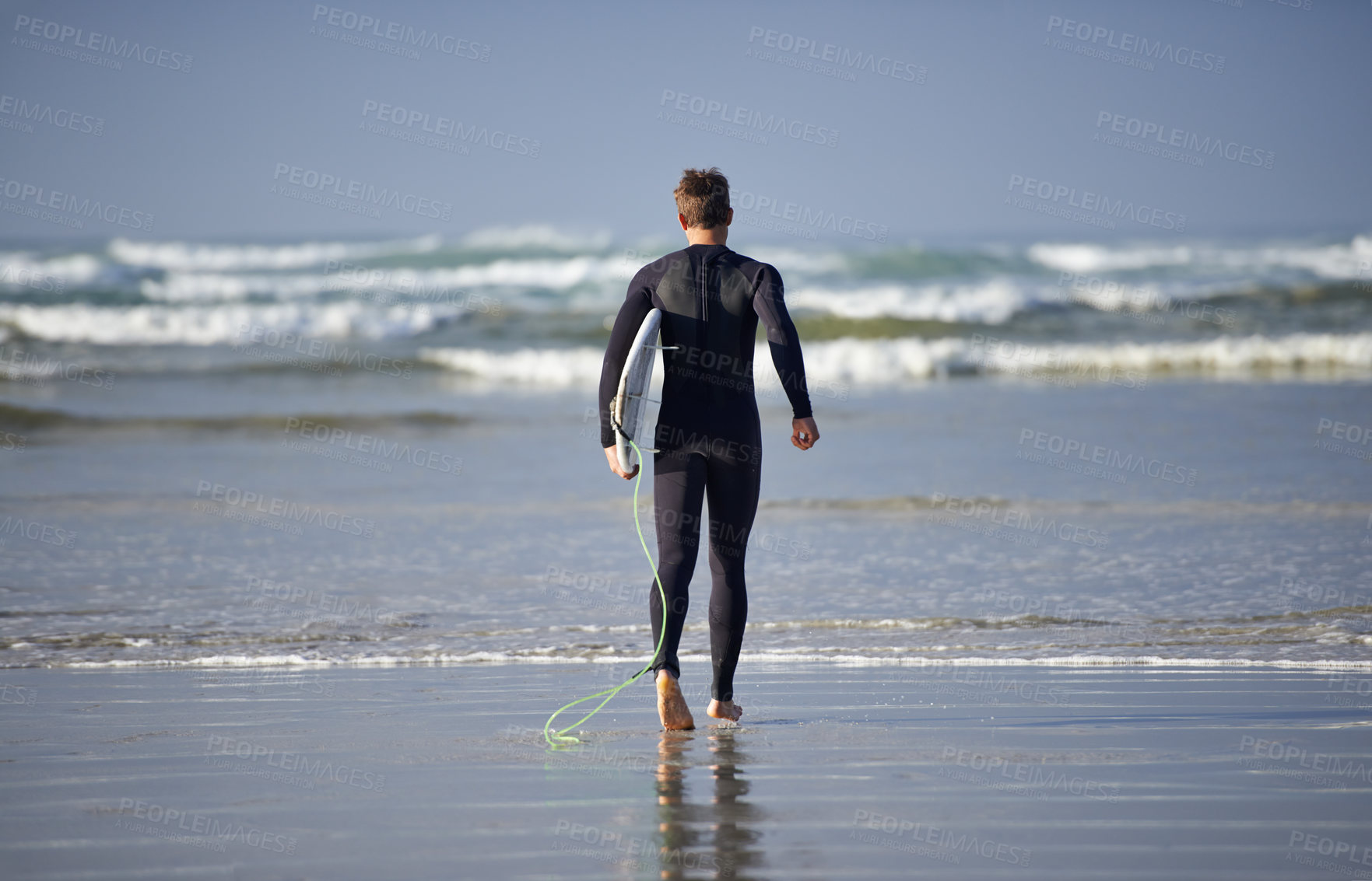 Buy stock photo Ocean, surfing and man with surfboard at beach for waves on summer vacation, weekend and holiday by sea. Travel, nature and back of person running for water sports, adventure and hobby in Australia