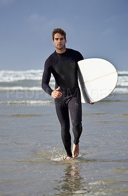 Buy stock photo Man, portrait and beach on water with surfboard for waves, exercise or outdoor hobby in fitness, surfing or practice. Male person or surfer with board for training at seaside or ocean coast in nature