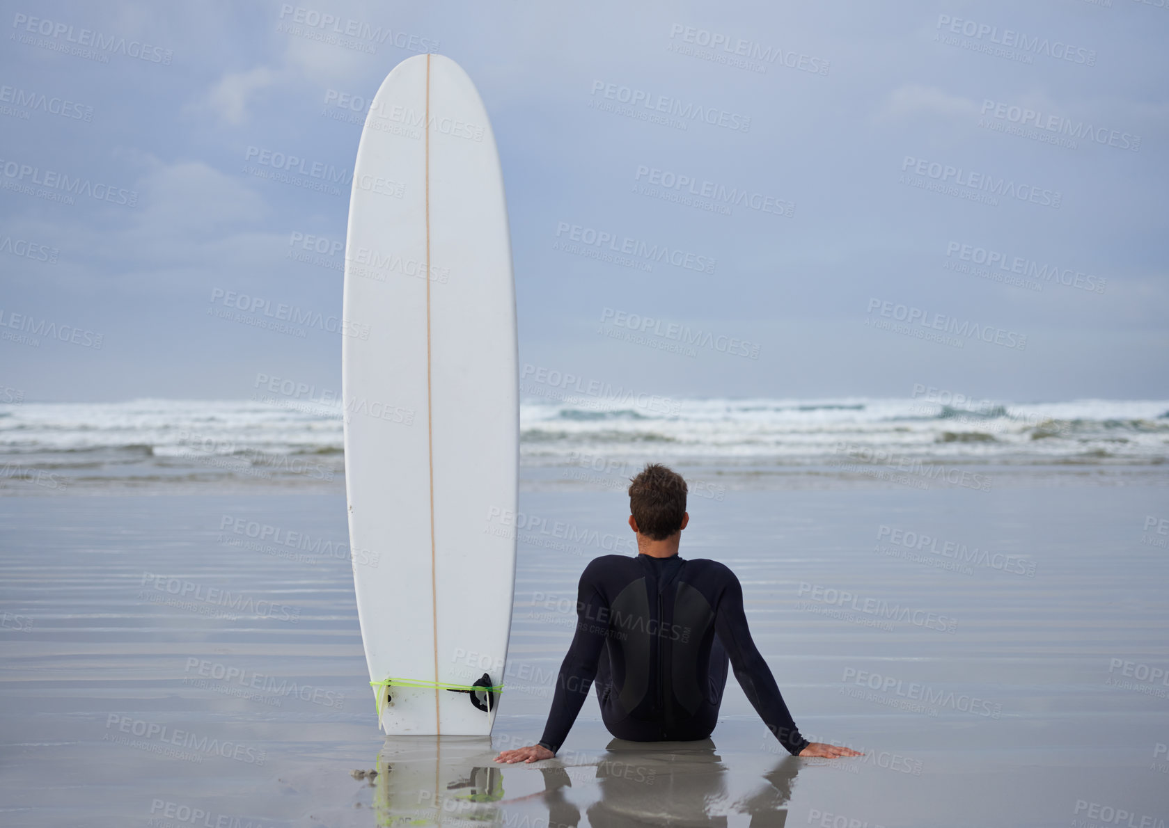 Buy stock photo Fitness, beach and man thinking with a surfboard for wellness, sports and training while sitting in nature. Water, exercise and back of male surfer at the ocean with peace, calm and sea hobby in Bali