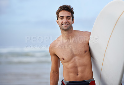 Buy stock photo Happy man, portrait and surfboard on beach for waves, exercise or fitness in outdoor hobby, surfing or practice. Active male person or surfer smile with board for training, seaside or ocean coast
