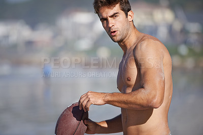 Buy stock photo Football, man and fitness at the beach on holiday and vacation in Brazil by the sea. Travel, sport and exercise on the sand of a male person with workout, healthy and training outdoor by an ocean