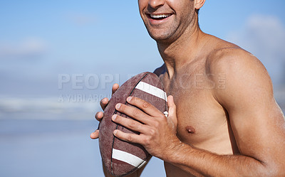 Buy stock photo Football, happy man and fitness at the beach on holiday and vacation in Brazil by the sea. Rugby, sport and exercise on the summer of a male person with workout, smile and training outdoor by ocean