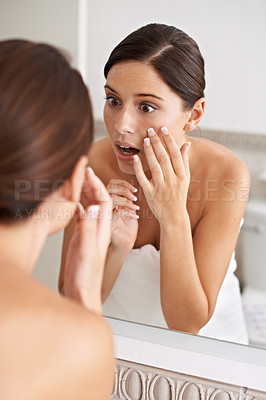 Buy stock photo Beauty, mirror reflection or woman stress over melasma crisis, acne risk or pimple outbreak in home bathroom. Skincare problem, disaster or shocked person feel zit, skin or react to allergic reaction