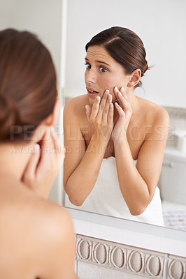 Buy stock photo Skincare, mirror reflection or woman stress over skin breakout, acne crisis or pimple outbreak in home bathroom. Beauty problem, dermatology and person feel zit, allergic reaction or treatment fail