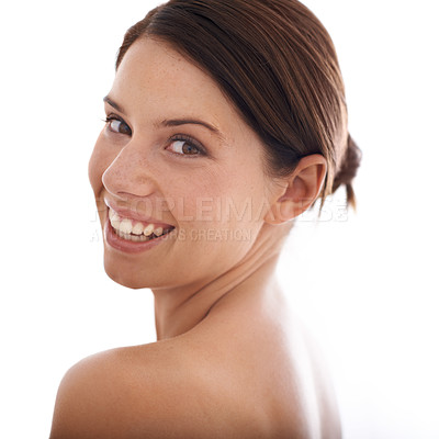Buy stock photo Beauty, studio portrait and happy woman for skincare, facial treatment or cosmetic routine. Face, self care or person smile for anti aging, grooming and cosmetics glow isolated on white background