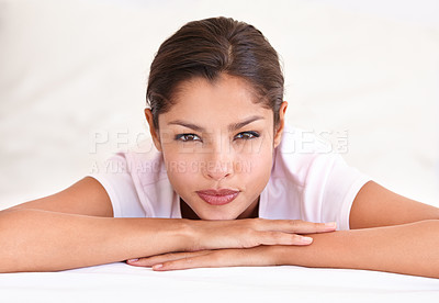 Buy stock photo Woman, portrait and relax in bed on weekend, comfortable and lazy or resting in apartment. Female person, face and awake in bedroom and calm, peace and home on holiday or vacation in Amsterdam