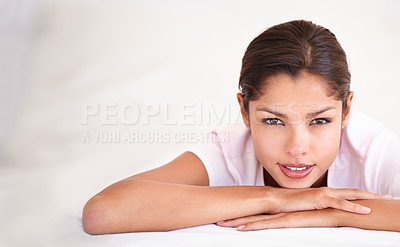 Buy stock photo Woman, portrait and resting in bed on weekend, mockup space and relaxation on vacation or holiday. Female person, comfortable and peaceful morning at home, awake and satisfaction or calm in apartment