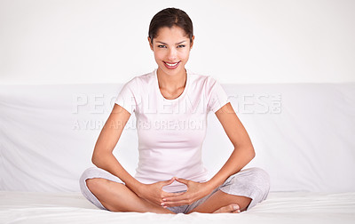 Buy stock photo Smile, calm and portrait of woman with meditation for peace, zen and mindful wellness on bed. Happy, health and young female person in position for spiritual balance in bedroom at apartment.