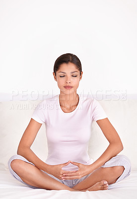 Buy stock photo Relax, calm and young woman with meditation for peace, zen and mindful wellness on bed. Serenity, health and female person in position for spiritual chakra balance in bedroom at apartment.