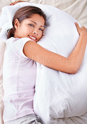 Buy stock photo Happiness, duvet and portrait of bedroom woman with comfort, cozy nap and weekend break in Puerto Rico home. Top view, mattress bed and person on cotton bedsheets with smile, leisure and wellness