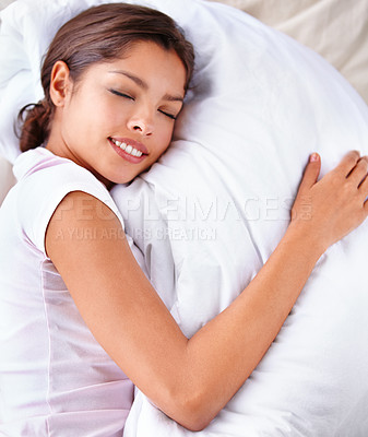 Buy stock photo Sleeping, blanket and woman relax in bedroom for comfort, cozy nap and eyes closed in Costa Rica home. Bed, weekend break and top view of person sleep on cotton fabric with calm, peace and wellness