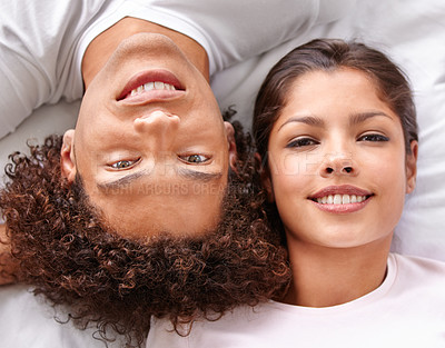 Buy stock photo Happiness, bedroom and portrait of happy couple relax with comfort, cozy nap and weekend break in Puerto Rico home. Mattress bed, top view and face of man, woman or people smile for wellness