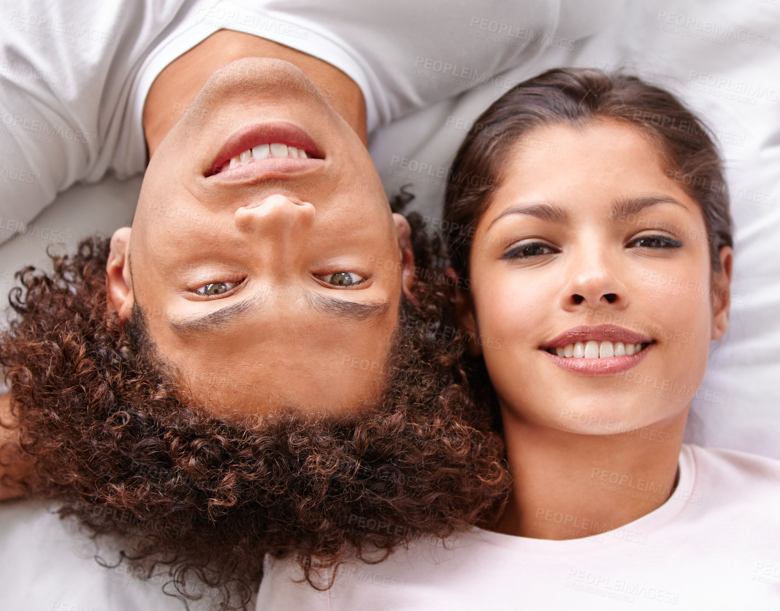 Buy stock photo Happiness, bedroom and portrait of happy couple relax with comfort, cozy nap and weekend break in Puerto Rico home. Mattress bed, top view and face of man, woman or people smile for wellness