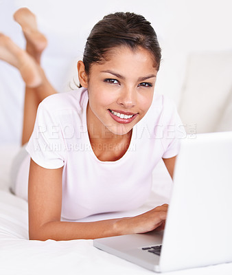 Buy stock photo Portrait, bedroom and happy woman with laptop for morning research, social media blog and online news at home. Mattress bed, connection and face of person check web search on freelance remote work