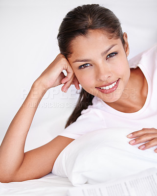 Buy stock photo Woman, happy and portrait in bed on vacation, lazy and comfortable on morning at home. Female person, peaceful and satisfaction while resting in bedroom, wake up and good mood on holiday or getaway