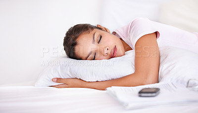 Buy stock photo Remote work, pillow and woman in bed for sleep, cozy nap and burnout from studying, research and learning at home. Eyes closed, exhausted and sleeping freelancer with fatigue, tired or bedroom dream
