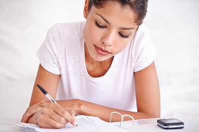 Buy stock photo Woman, writer and planning in journal, writing ideas and inspiration or research in bed at home. Female person, author and notes in book for project, brainstorming and contemplation in bedroom