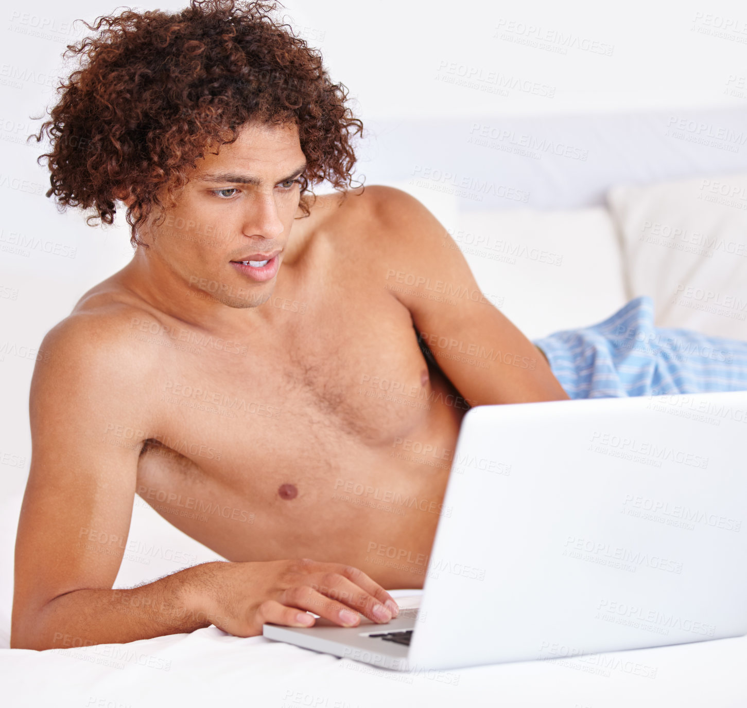 Buy stock photo Laptop, bedroom and man typing online research, social media blog and reading morning news from Brazil. Home computer, mattress bed and person check internet search on freelance remote work