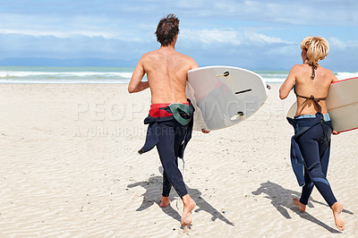 Buy stock photo Surfer couple, running and back at beach with board, training or fitness on vacation in summer. Man, woman or surfboard for wellness, health or workout by ocean, waves or freedom on holiday in nature