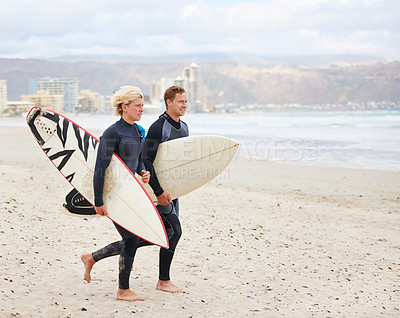 Buy stock photo Surfer couple, running and board by ocean with smile, training or fitness on vacation in summer. Man, woman and surfboard for wellness, health or happy by beach, waves or freedom on holiday in nature