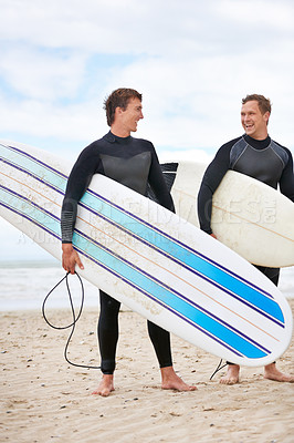 Buy stock photo Surfer men, talking and friends at beach with smile, training and fitness on vacation in summer. Exercise, people and surfboard with laughing, health and happy by ocean, waves and freedom on holiday