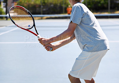 Buy stock photo Back, tennis and person with racket, court and fitness with energy and training with competition. Player, sunshine and player with equipment and workout with teenager, sports and exercise with game