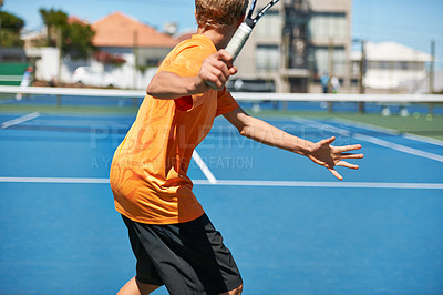 Buy stock photo Back, tennis and person with racket, game and fitness with energy and training with competition. Player, sunshine and athlete with equipment and workout with challenge, sports and exercise on court