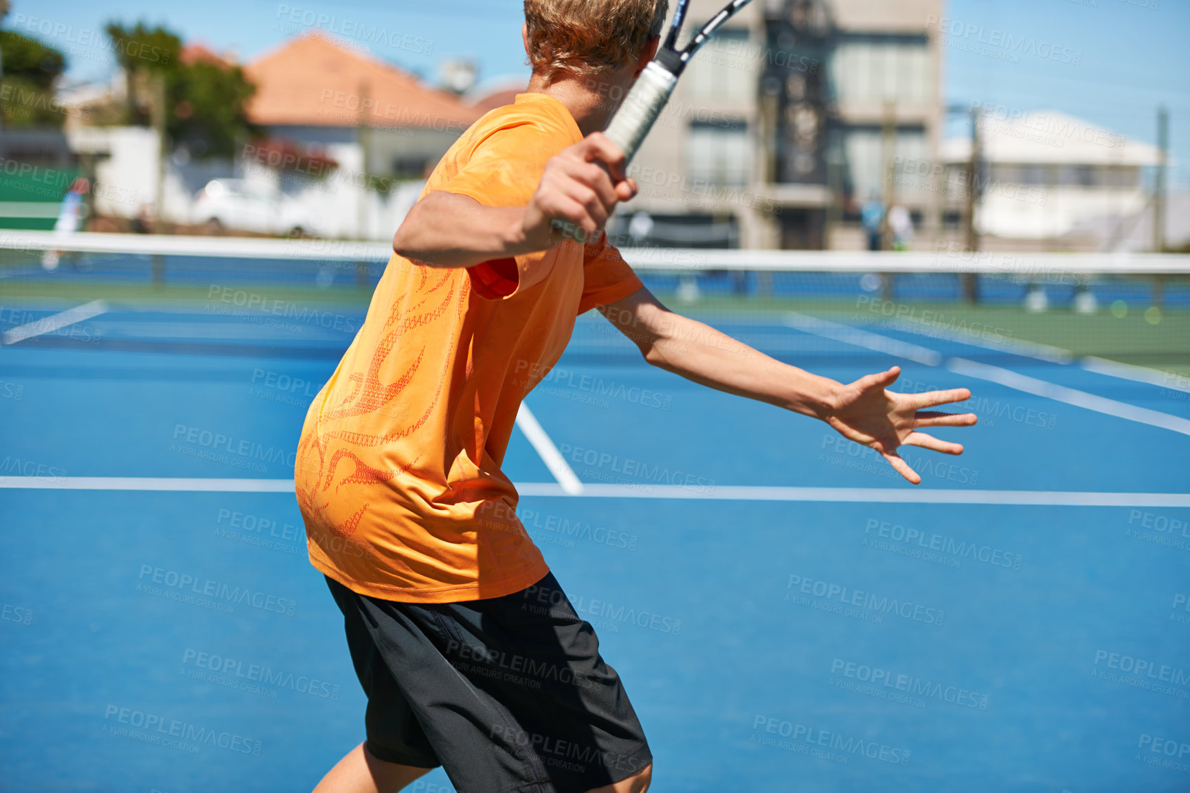 Buy stock photo Back, tennis and person with racket, game and fitness with energy and training with competition. Player, sunshine and athlete with equipment and workout with challenge, sports and exercise on court