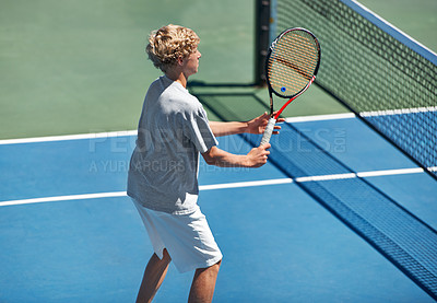 Buy stock photo Tennis, teenager and fitness with energy, court and performance with progress and workout. Activity, player or athlete with racket or hobby with sports, competition or game with sunshine or wellness