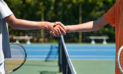 Buy stock photo Players, tennis or handshake with game, closeup or court with friends, victory or fitness. People, outdoor or sports with shaking hands, winner or competition with exercise or tournament with athlete