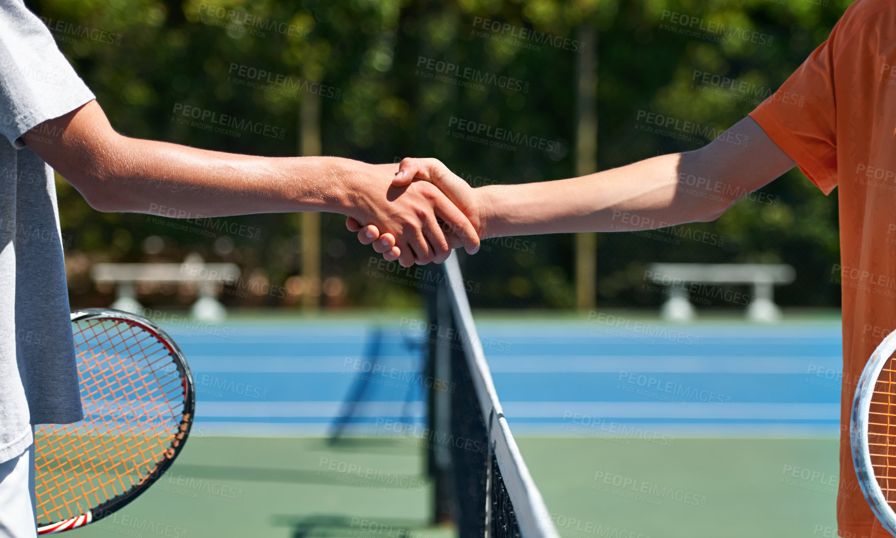 Buy stock photo Players, tennis or handshake with game, closeup or court with friends, victory or fitness. People, outdoor or sports with shaking hands, winner or competition with exercise or tournament with athlete