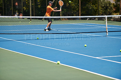 Buy stock photo Tennis, teenager and fitness with energy, training and performance with progress and workout. Person, player or athlete with racket or court with sports, competition or game with sunshine or wellness