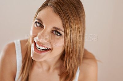 Buy stock photo Beauty, smile and portrait of young woman with natural, glow and glamour facial routine. Confidence, cosmetics and happy attractive female person with self care, dermatology and face treatment.