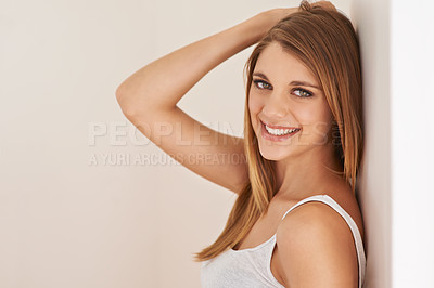 Buy stock photo Woman, portrait and beauty smile in studio for relax weekend confidence for cosmetics, dermatology or self care. Female person, face and model on brown background or treatment, fresh glow or mockup