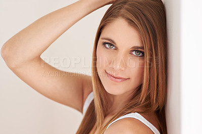 Buy stock photo Woman, portrait and beauty closeup in studio for relax weekend confidence for cosmetics, dermatology or self care. Female person, face and model on brown background or treatment, fresh glow or mockup
