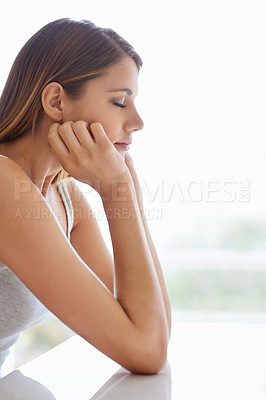 Buy stock photo Woman, eyes closed and tired fatigue in home for work burnout or exhausted for anxiety, insomnia or lazy. Female person, hands and desk for morning rest or sleepless from thoughts, drowsy or drained