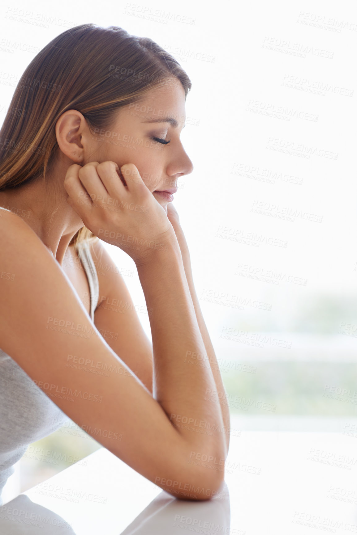 Buy stock photo Woman, eyes closed and tired fatigue in home for work burnout or exhausted for anxiety, insomnia or lazy. Female person, hands and desk for morning rest or sleepless from thoughts, drowsy or drained