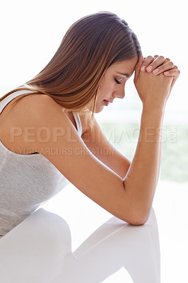 Buy stock photo Woman, thinking and sad grief in home with anxiety or thoughts of failure, decision or mental health. Female person, eyes closed and contemplating burnout trouble or stressed fear, mood or depression