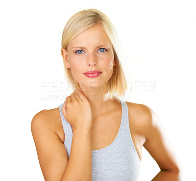 Buy stock photo Woman, portrait and blonde with blue eyes in fashion or style on a white studio background. Face of attractive or gorgeous young female person or caucasian in satisfaction or natural beauty on mockup
