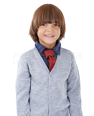 Buy stock photo Smile, happy and portrait of child on a white background with trendy clothes, style and fashion. Childhood, facial expression and isolated young kid with pride, happiness and confidence in studio