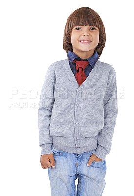 Buy stock photo Fashion, happy and child on a white background with trendy clothes, cute style and casual outfit. Childhood, facial expression and isolated young kid with smile, happiness and confidence in studio