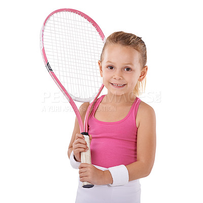 Buy stock photo Tennis, sports and portrait of girl on a white background for training, workout and exercise. Fitness, happy and isolated young child with racket for hobby, activity and fun for wellness in studio