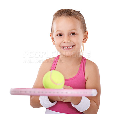 Buy stock photo Tennis, ball and portrait of child on a white background for training, workout and exercise. Fitness, happy and isolated young girl with racket for hobby, activity and sports for wellness in studio