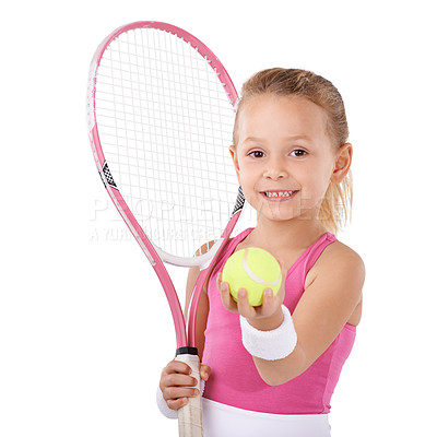 Buy stock photo Portrait of a cute little girl in tennis attire