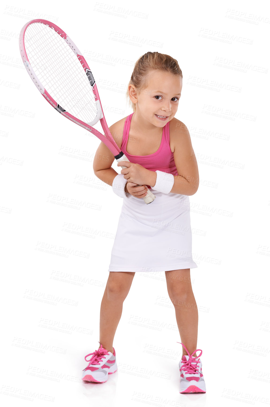 Buy stock photo Tennis, sports and portrait of happy child on a white background for training, workout and exercise. Fitness, youth and isolated girl with racket for hobby, activity and fun for wellness in studio